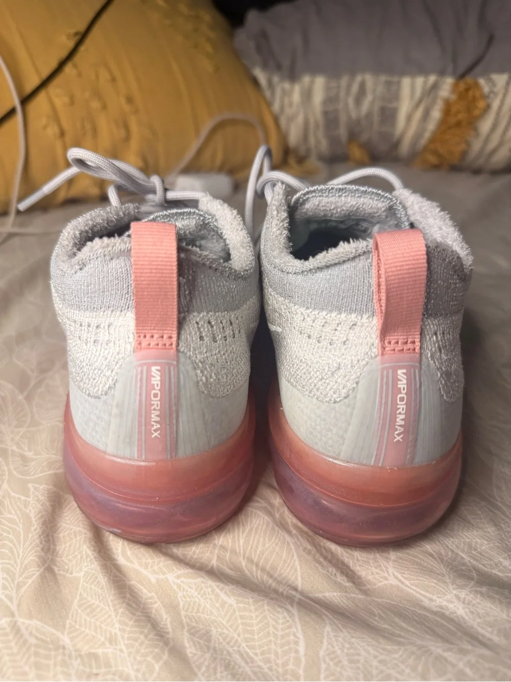 Nike Women’s vapormax Light Gray Flyknit Athletic Shoes with Pink Accents